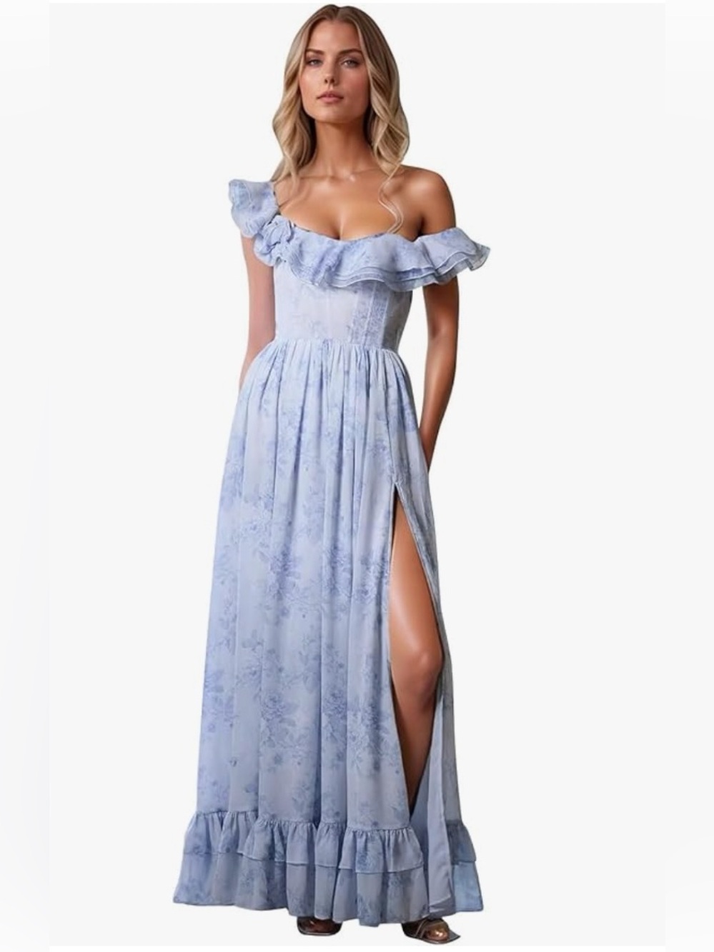 Light Blue floral chiffon Ruffled Maxi Dress